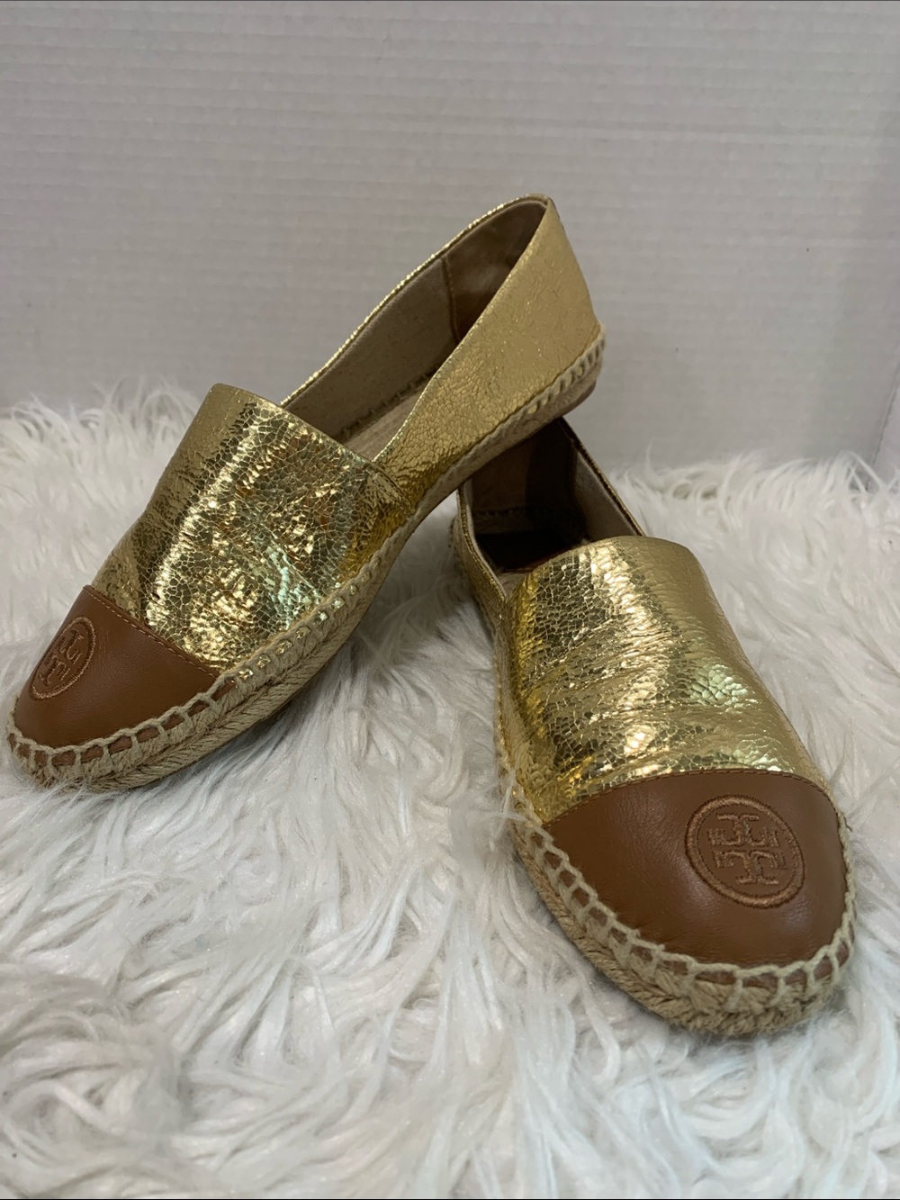 TORY Burch Gold Metallic and Brown Leather Espadrilles Size 8